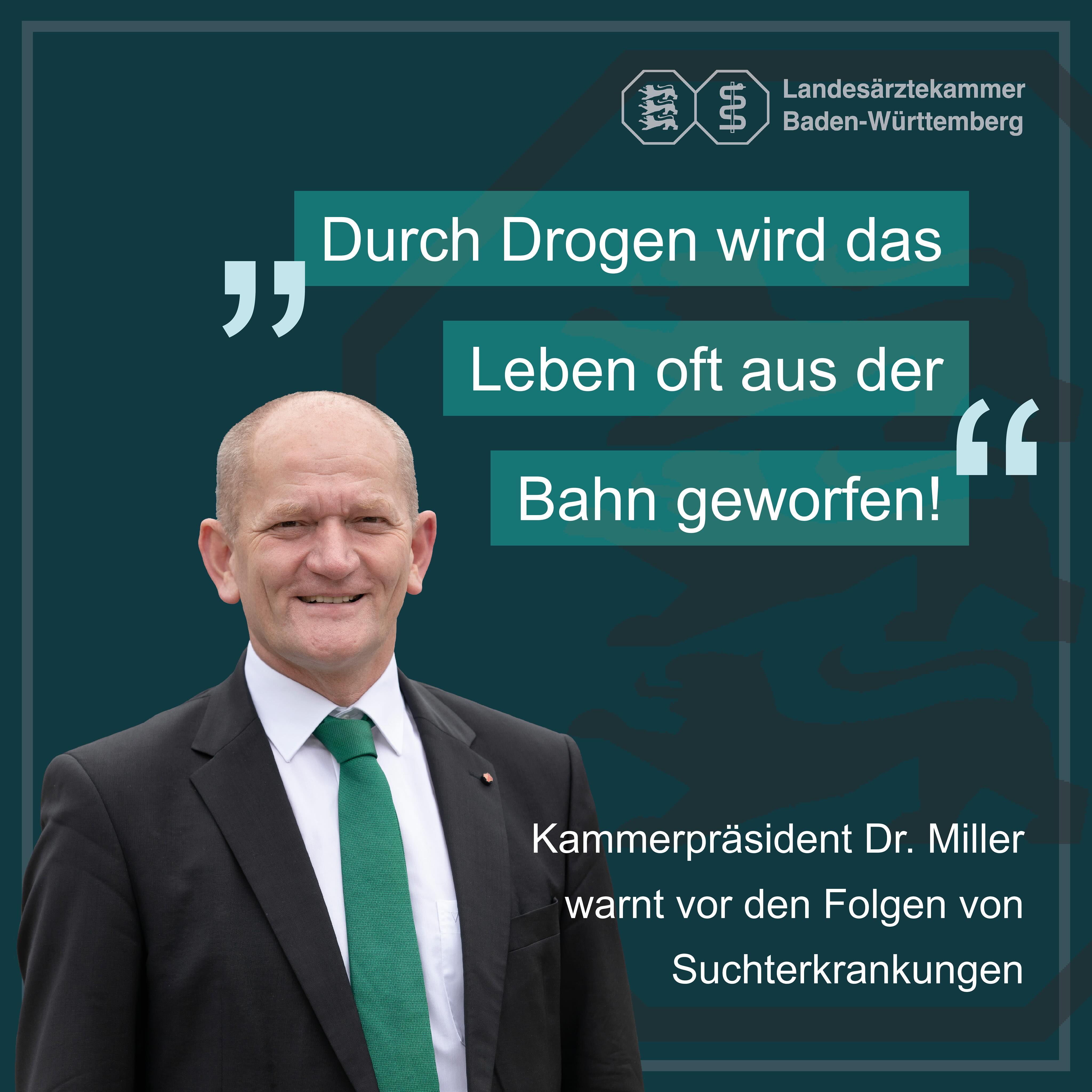 Dr. Miller, Präsident der Landesärztekammer Baden-Württemberg, warnt am Weltdrogentag vor den katastrophalen Folgen von Suchterkrankungen: „Durch Drogen wird das Leben oft komplett aus der Bahn geworfen!“
  —
  In unserem Profil ist jederzeit der Link zu unseren Website-News zu finden. Dort steht der ausführliche Beitrag.
  —
  Foto: © Landesärztekammer Baden-Württemberg
  #weltdrogentag #drogen #sucht #suchterkrankung #ärztin #arzt #ärztekammer #bw #badenwürttemberg